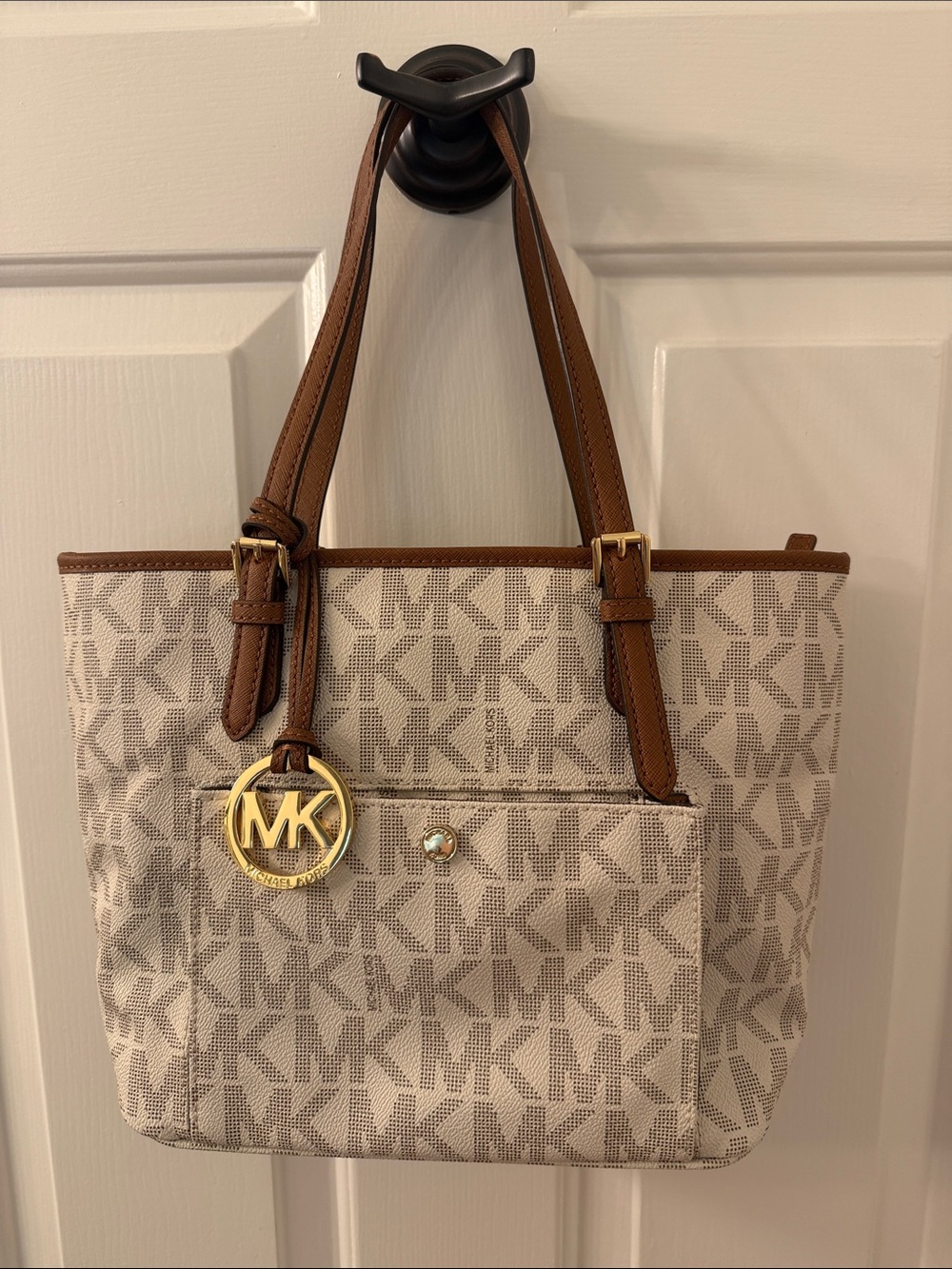 Michael Kors Beige MK Logo Tote with Brown Leather Straps